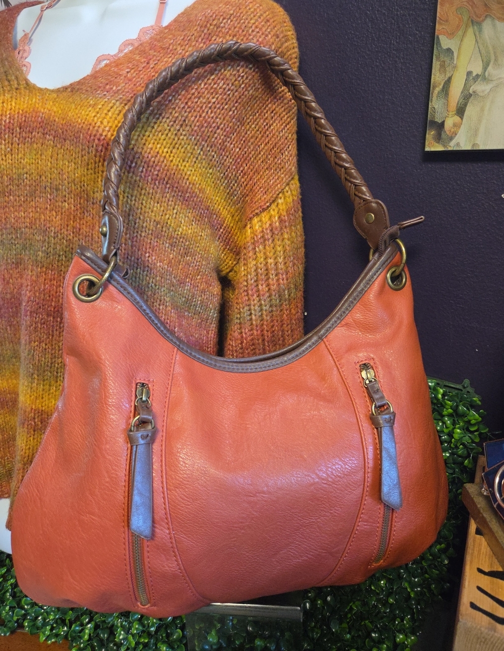 Pumpkin Spice Orange Shoulder Hobo with Braided Brown Handle